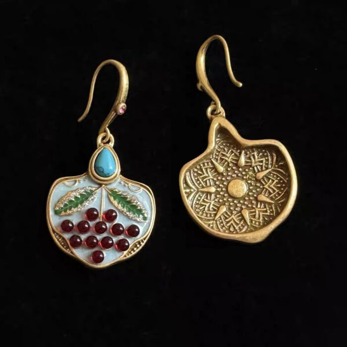 Vintage Gold Antique-Finish Turquoise Enamel & Purple Natural Stone Earrings - Image 2