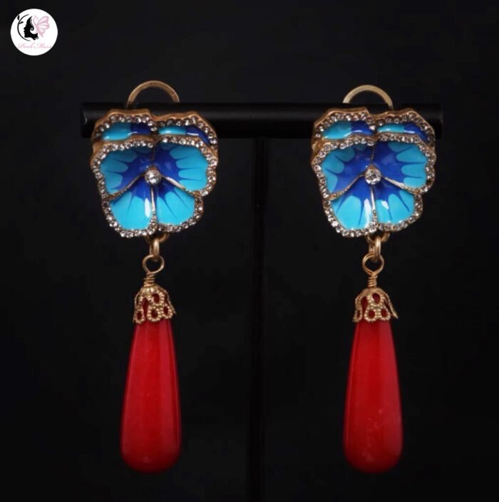 Vintage Blue Enamel Floral & Red Natural Stone Drop Earrings