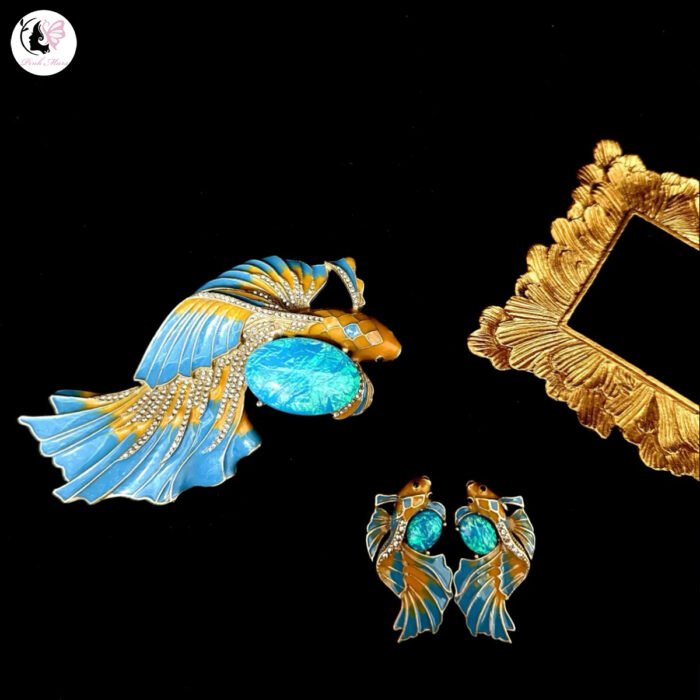 Vintage Copper Alloy Enamel Fish Jewelry Set