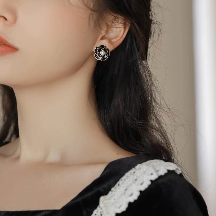 Enamel Camellia Stud Earrings - Image 2