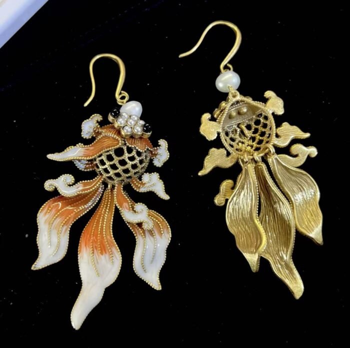 Handcrafted Enamel Goldfish Earrings - Image 2