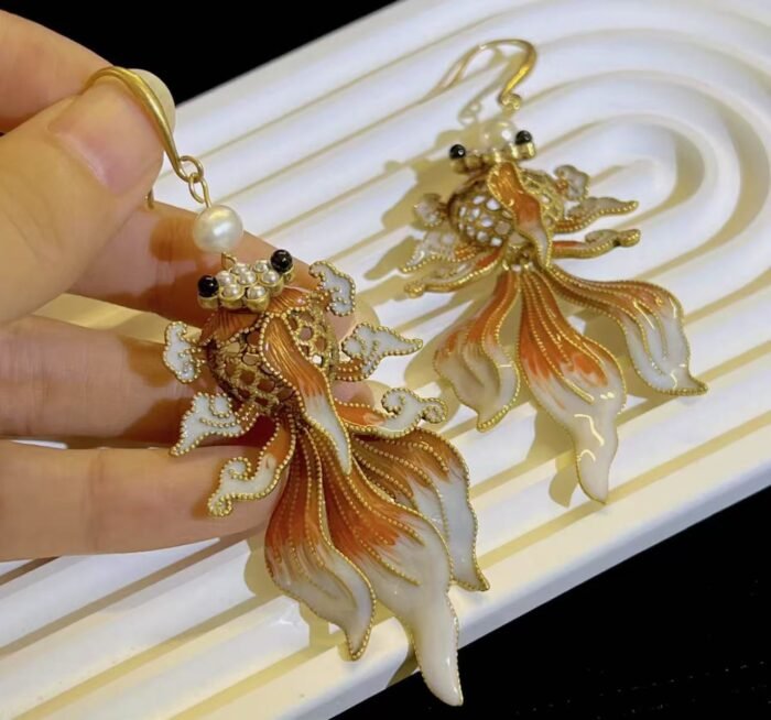 Handcrafted Enamel Goldfish Earrings - Image 3