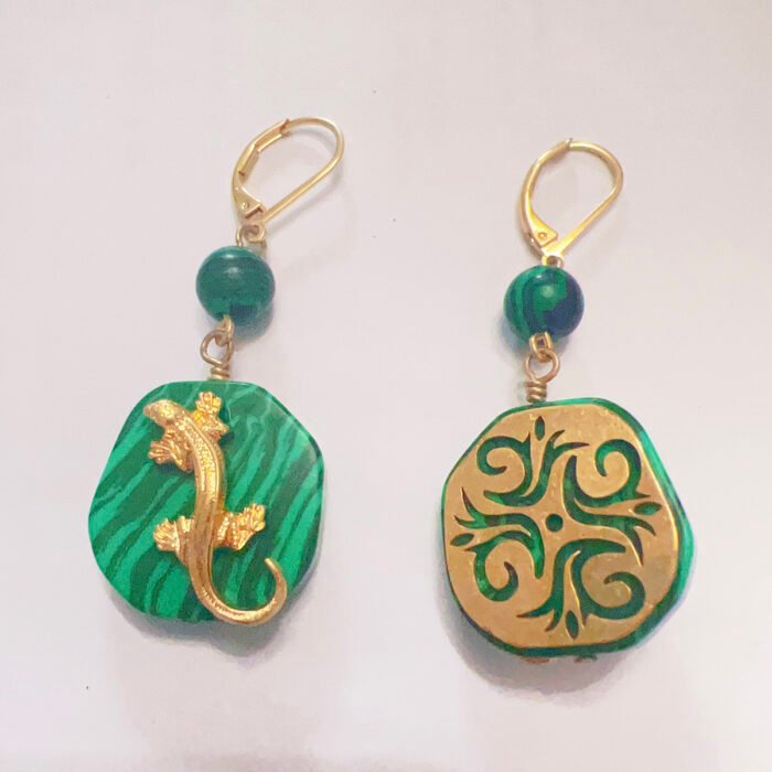 Natural Malachite Gecko Earrings - Image 2