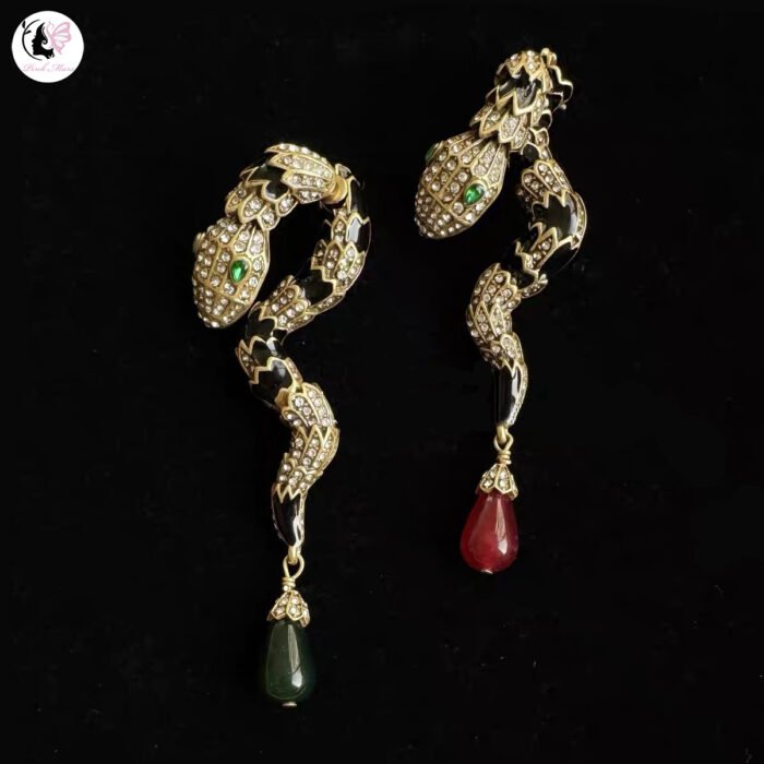 Symmetrical Red & Green Gemstone Enamel Snake Earrings