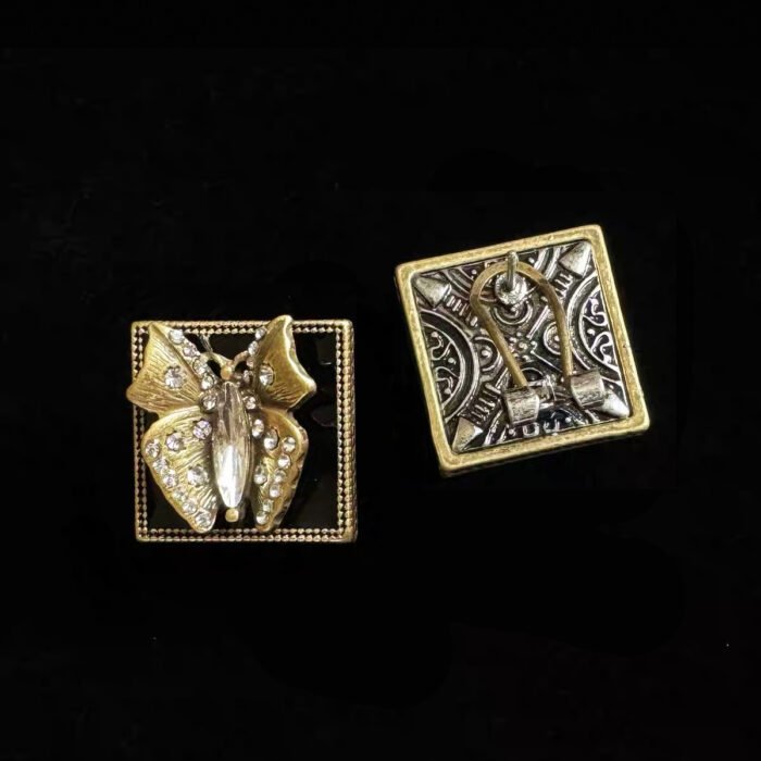 Antique Vintage Gold Tarnished Black Square Enamel Butterfly Twist Chain Jewelry Set - Image 2