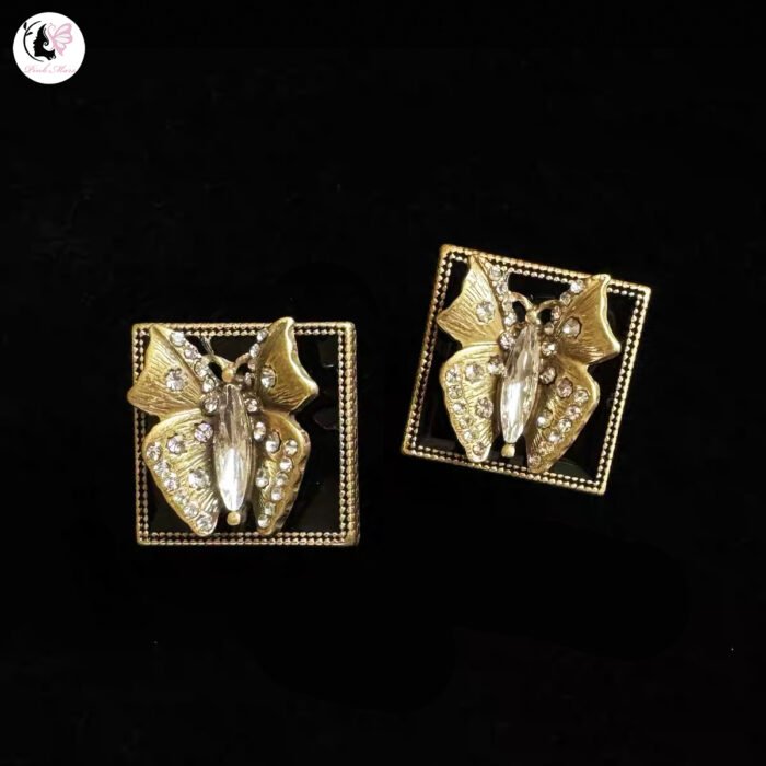 Vintage Black Enamel Copper-Plated Aged Gold Butterfly Earrings