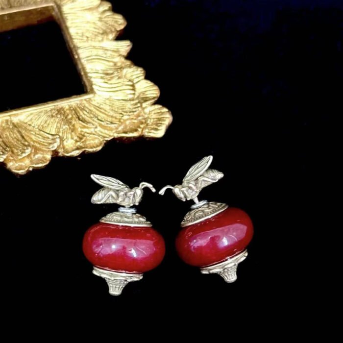 Vintage Copper Alloy Angola Red Bee Earrings - Image 2