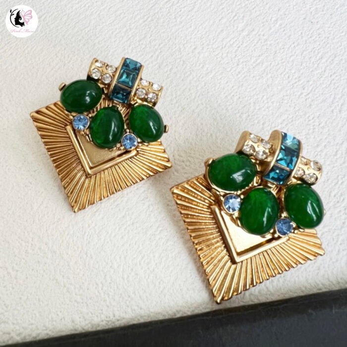 Vintage Copper Alloy Fashion Green Agate Rhombus Earrings
