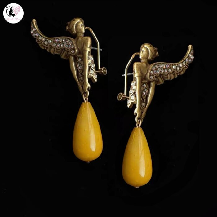 Vintage Copper-Plated Aged Gold Fairy Yellow Pendant Earrings