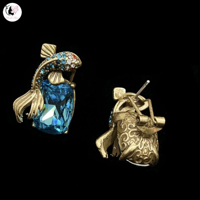 Vintage Copper-Plated Aged Gold Fish Earrings with Zircon and Blue Crystal - Image 2