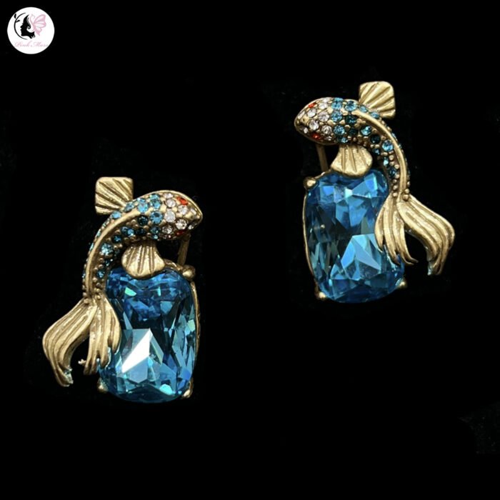 Vintage Copper-Plated Aged Gold Fish Earrings with Zircon and Blue Crystal
