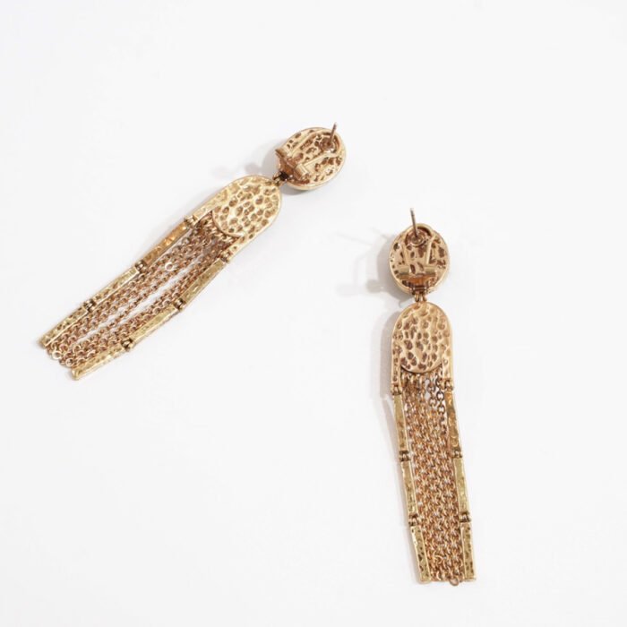 Vintage Copper-Plated Aged Gold Green Natural Stone Tassel Earrings - Image 2