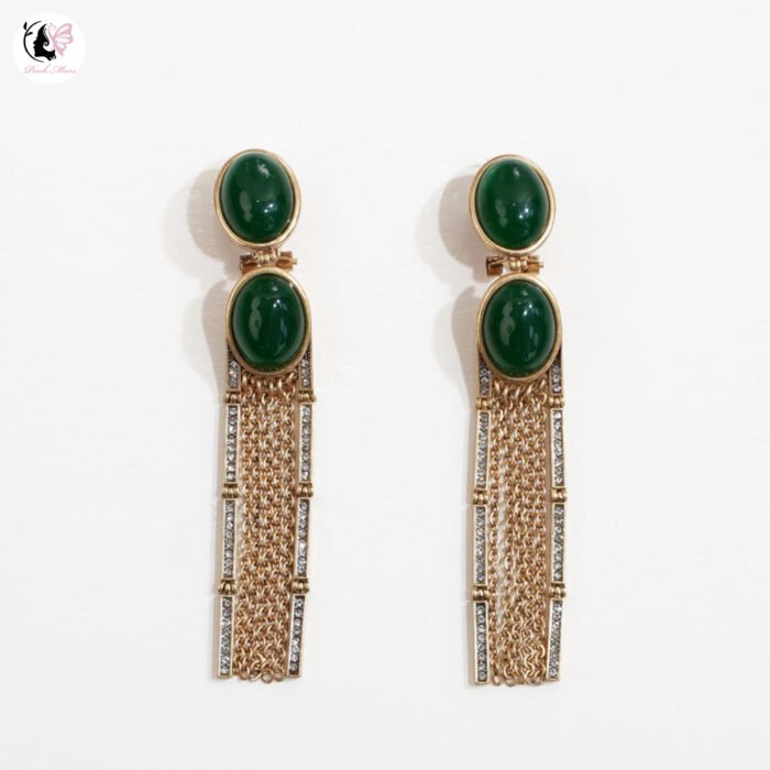 Vintage Copper-Plated Aged Gold Green Natural Stone Tassel Earrings