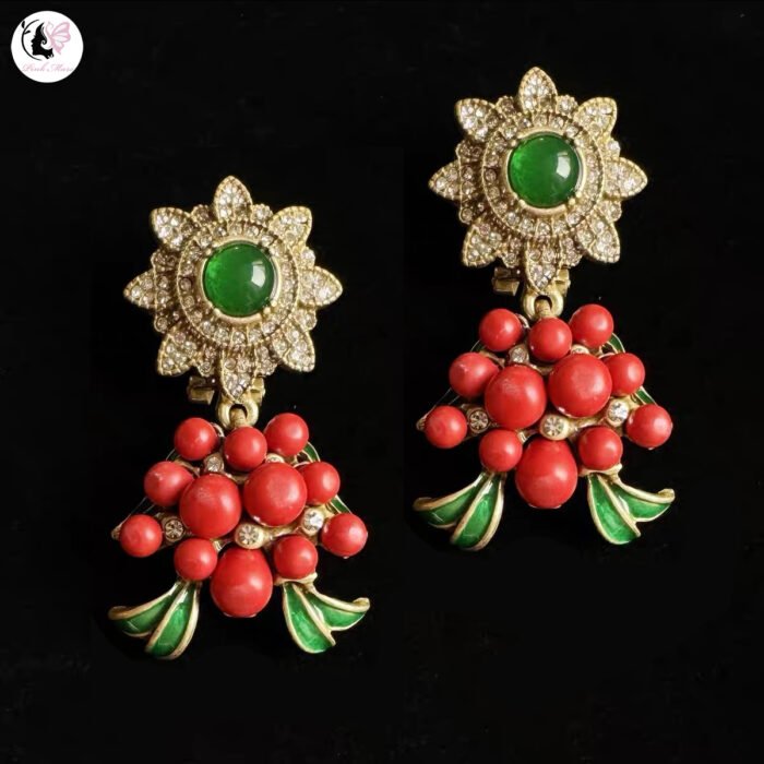 Vintage Copper-Plated Aged Gold Pomegranate Flower Natural Stone Earrings