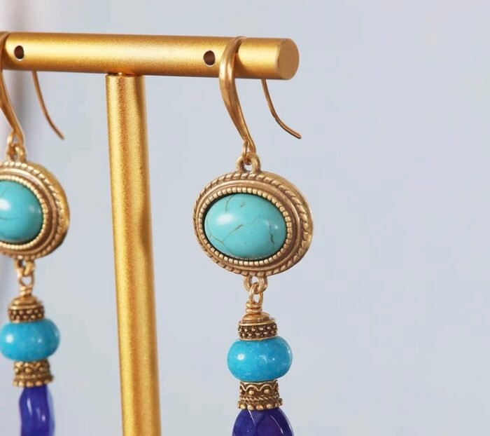 Vintage Gold Antique-Finish Blue Turquoise Inlaid Earrings - Image 2
