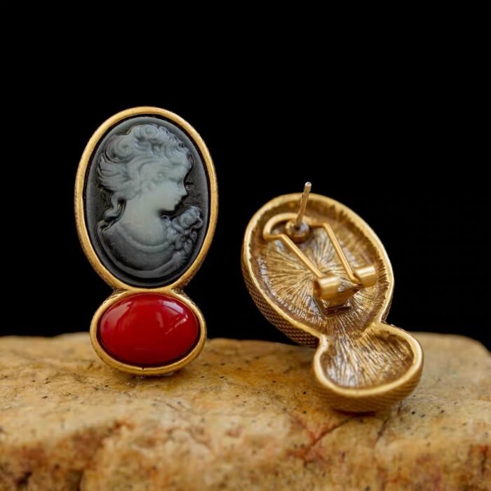 Vintage Gold Antique-Finish Cameo Relief Earrings - Image 2