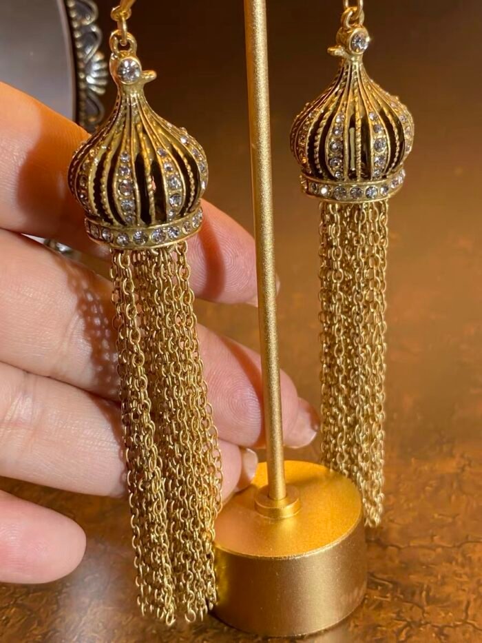 Vintage Gold Antique-Finish Lantern Tassel Earrings - Image 2