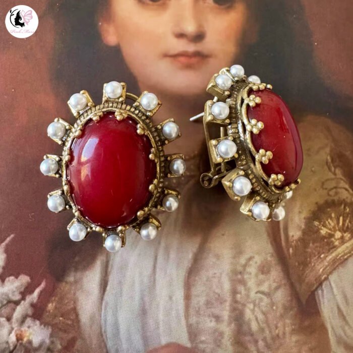 Vintage Gold Antique-Finish Royal Court-Style Red Natural Stone Stud Earrings