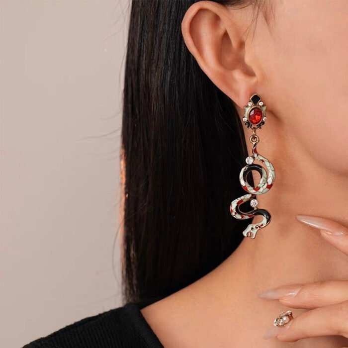 Vintage White Enamel Snake Earrings - Image 2