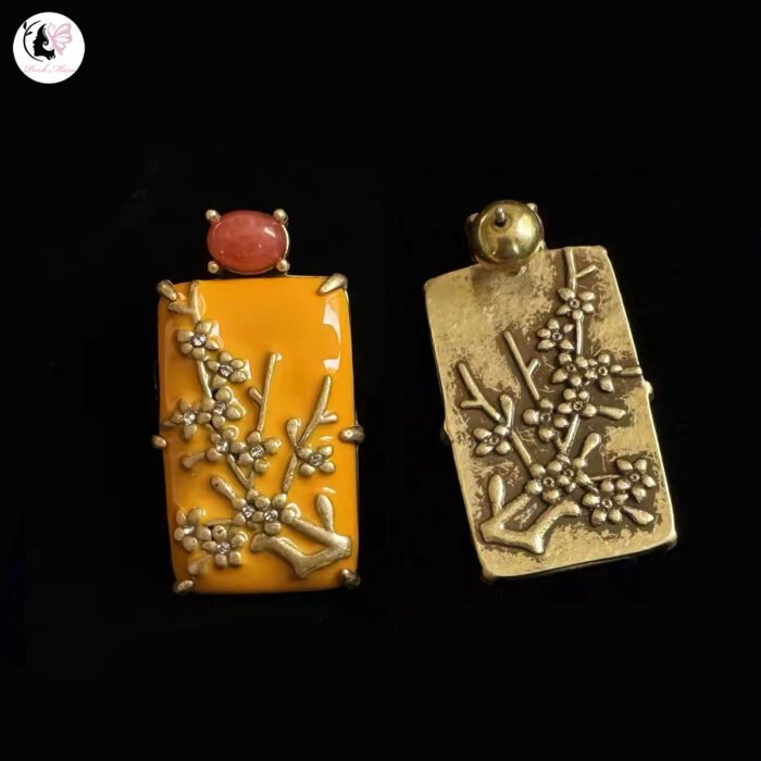 Vintage Yellow Square Enamel Branch Red Agate Earrings - Image 2