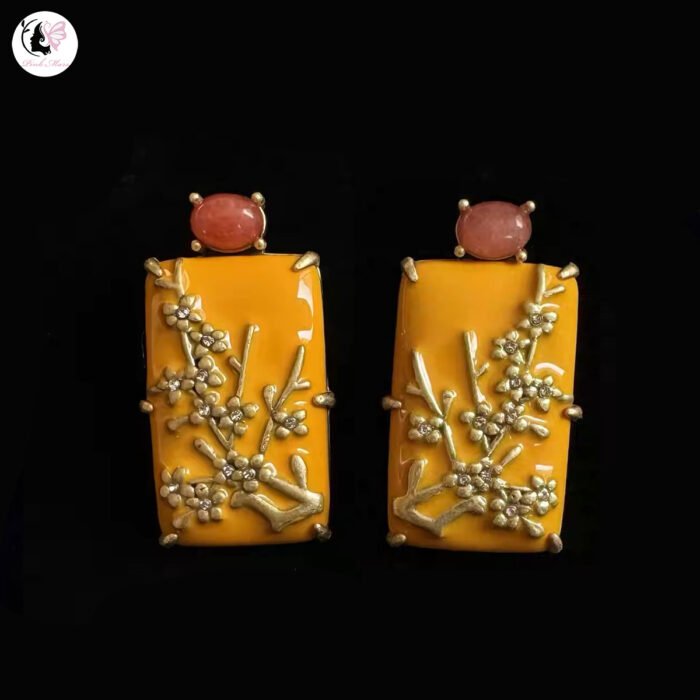 Vintage Yellow Square Enamel Branch Red Agate Earrings