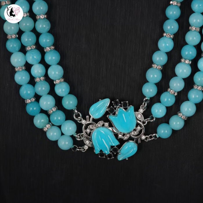 Antique Blue Glass Bead Magnolia Crystal Necklace - Image 3