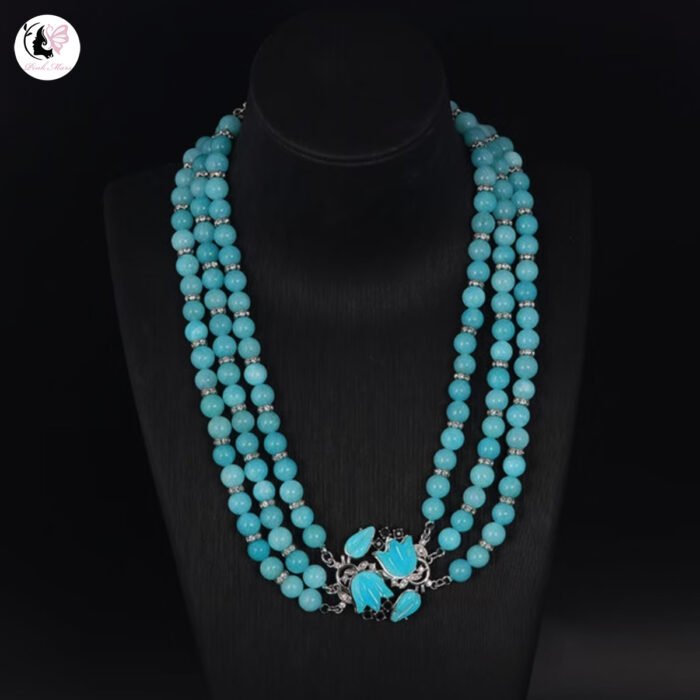 Antique Blue Glass Bead Magnolia Crystal Necklace