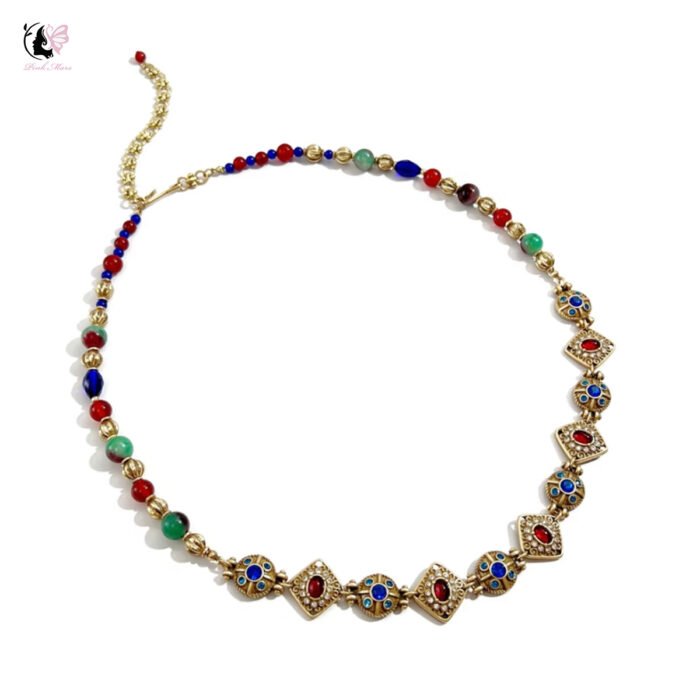 Antique Copper-Plated Tarnished Gold Colorful Agate Stone with Blue Diamond Necklace