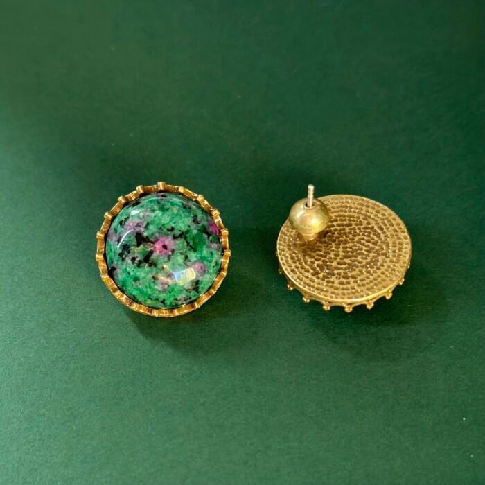 Antique Copper-Plated Tarnished Gold Colorful Natural Stone Round Ball Earrings - Image 2