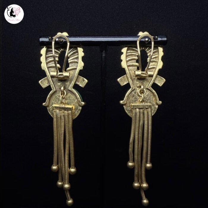 Antique Copper-Plated Tarnished Gold Green Agate Inlaid Tassel Earrings - Image 2