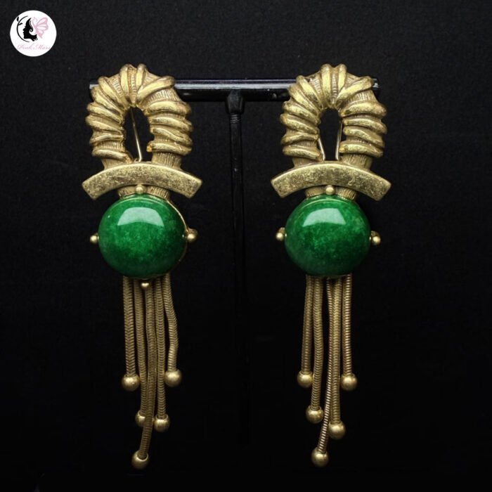 Antique Copper-Plated Tarnished Gold Green Agate Inlaid Tassel Earrings