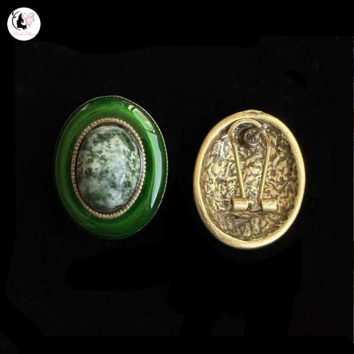 Antique Copper-Plated Tarnished Gold Green Enamel Enameled Green Stone Inlaid Earrings - Image 2