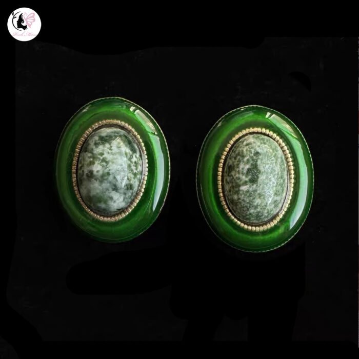 Antique Copper-Plated Tarnished Gold Green Enamel Enameled Green Stone Inlaid Earrings