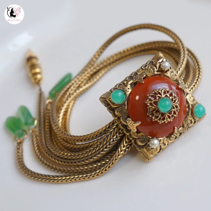 Antique Copper-Plated Tarnished Gold Red Agate Square Jewelry Set - Image 2