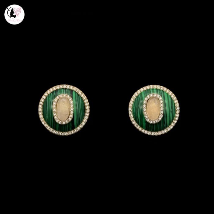 Antique Copper-Plated Tarnished Gold Round Green Malachite White Natural Stone Inlaid Earrings