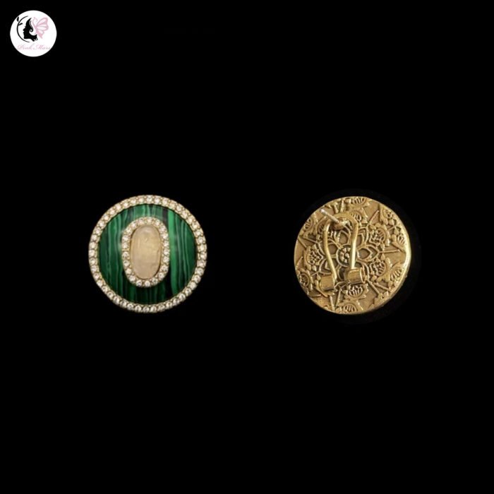 Antique Copper-Plated Tarnished Gold Round Green Malachite White Natural Stone Inlaid Earrings - Image 2