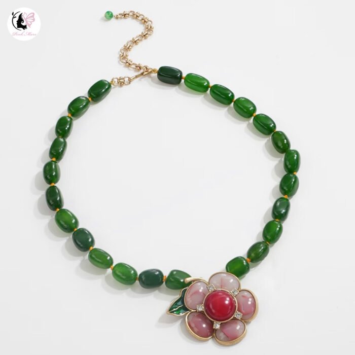 Antique Green Agate Red Natural Stone Inlaid Pink Agate Flower Necklace