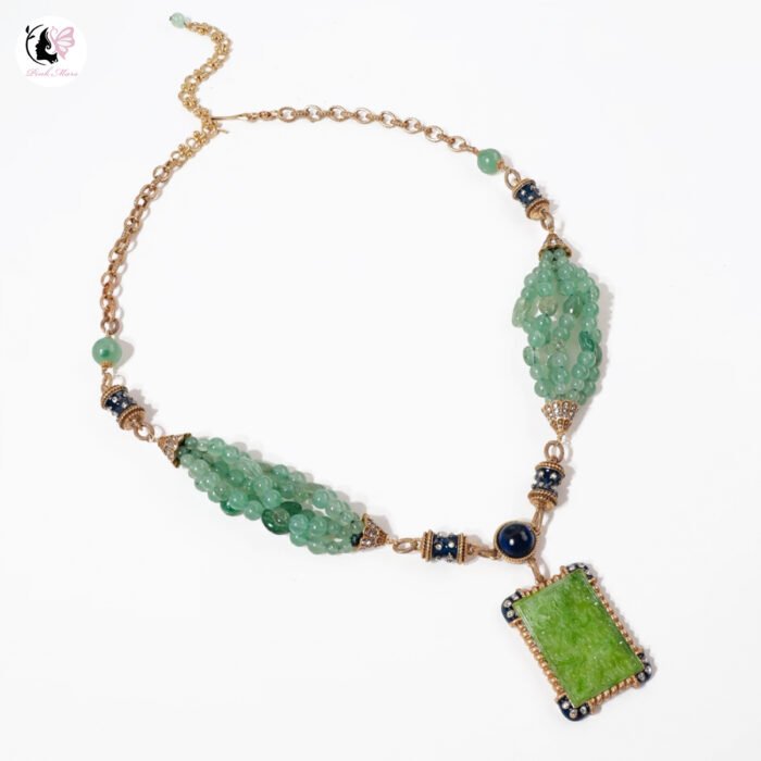 Antique Square Copper-Plated Tarnished Gold Green Resin Green Agate Necklace
