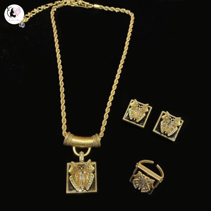 Antique Vintage Gold Tarnished Black Square Enamel Butterfly Twist Chain Jewelry Set