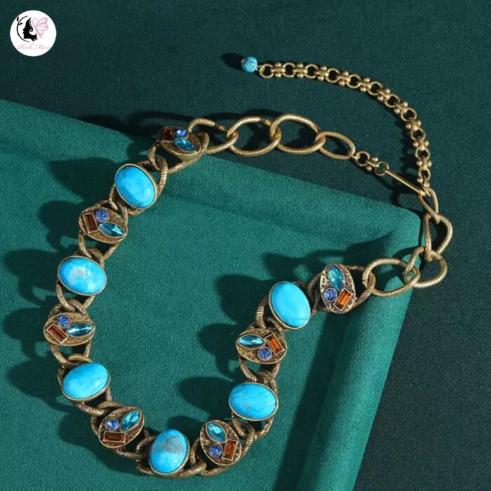 Antique Vintage Gold Tarnished Turquoise Diamond-Inlaid Necklace