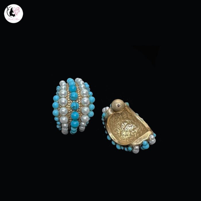 Copper-Plated Gold Turquoise Glass Bead C Hoop Earrings - Image 2