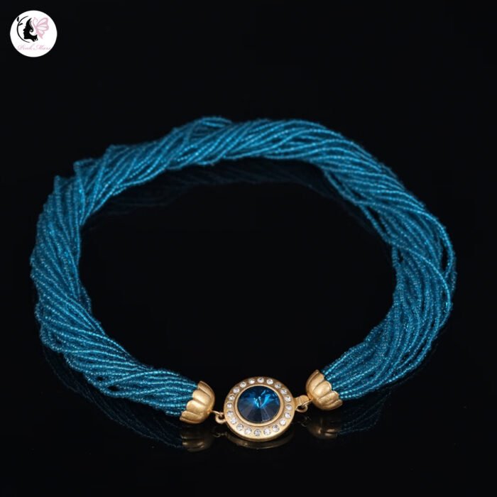 Italian Grandma Design Deep Blue Diamond-Inlaid Multi-Layer Blue Seed Bead Necklace