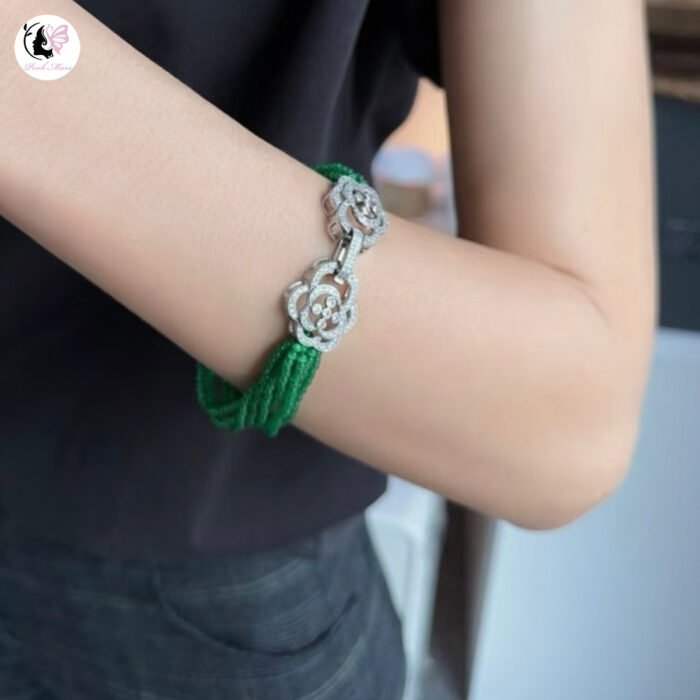 Italian Grandma Design Multi-Layer Silver-Plated Clasp Green Cat's Eye Stone Bracelet - Image 2