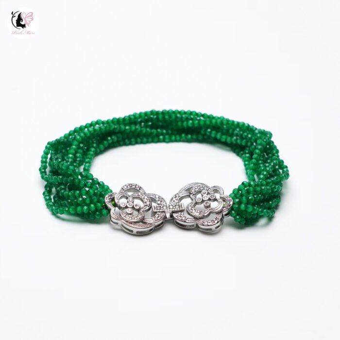 Italian Grandma Design Multi-Layer Silver-Plated Clasp Green Cat's Eye Stone Bracelet