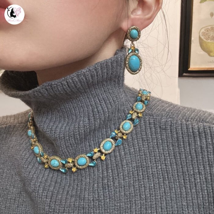 Turquoise Diamond-Inlaid Blue-Toned Jewelry Set - Image 2