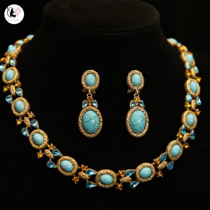 Turquoise Diamond-Inlaid Blue-Toned Jewelry Set