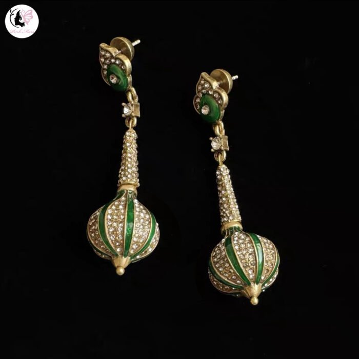 Vintage Aged Gold-Plated Copper Green Enamel Diamond-Embedded Spherical Earrings