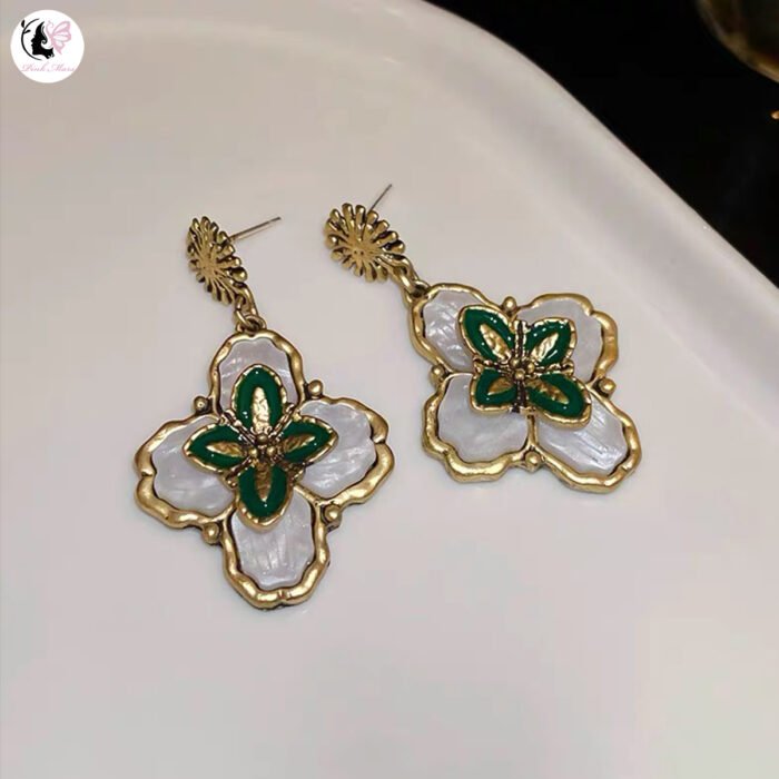 Vintage Aged Gold White Shell Bitter Leaf Earrings