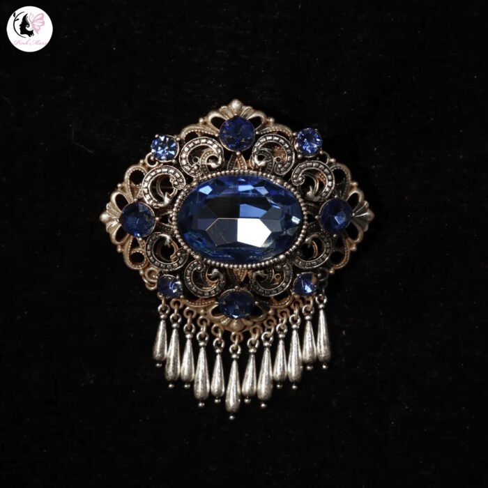 Vintage Antique Gold-Plated Blue Diamond-Encrusted Silver Pendant Brooch
