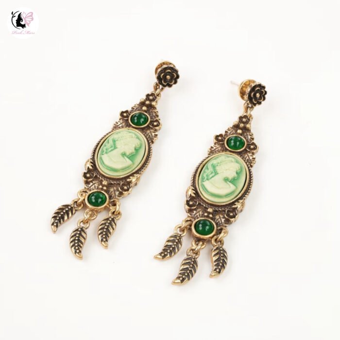 Vintage Antique Gold Tarnished Goddess Medallion Leaf Earrings